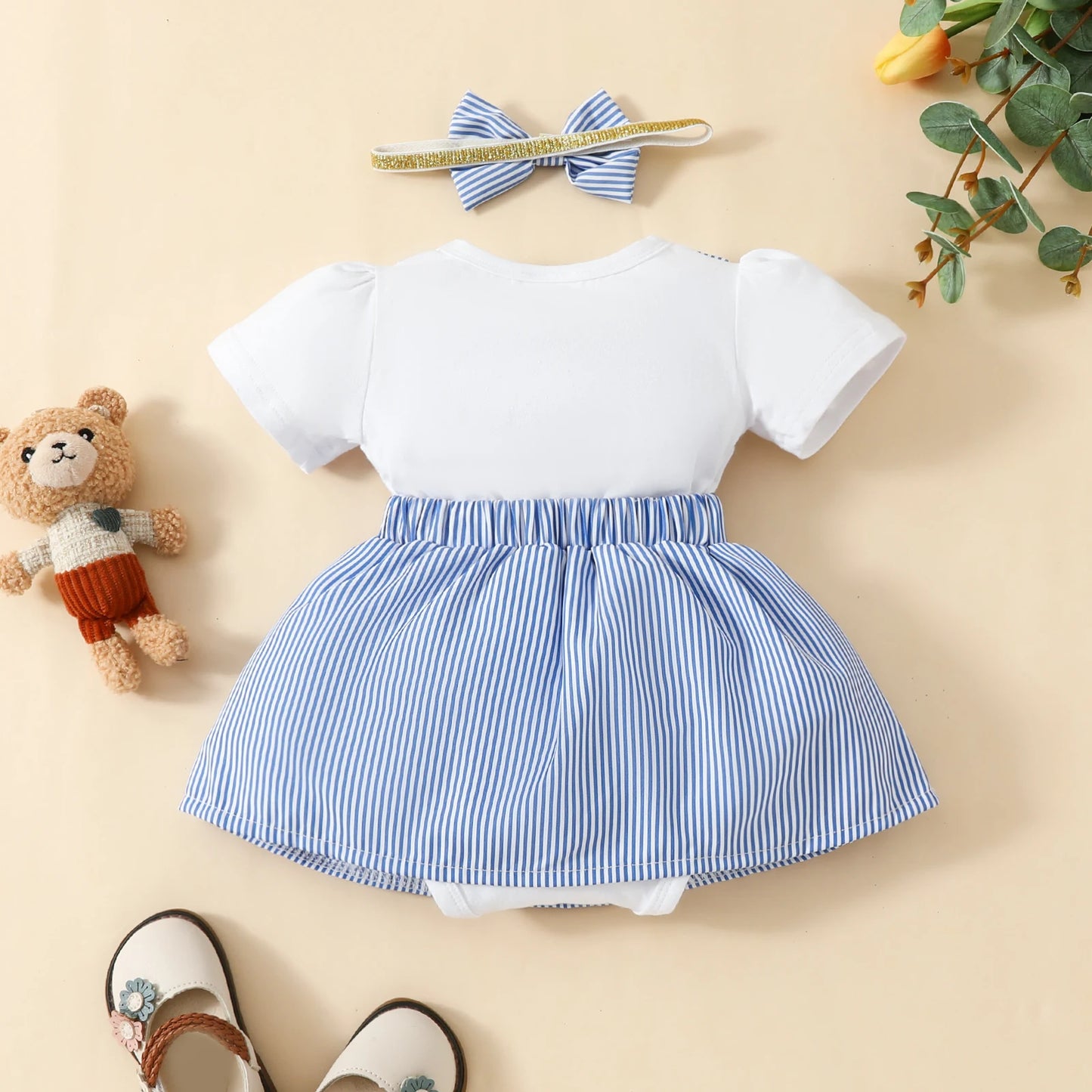 Cartoon Bear Bodysuit & Striped Skirt