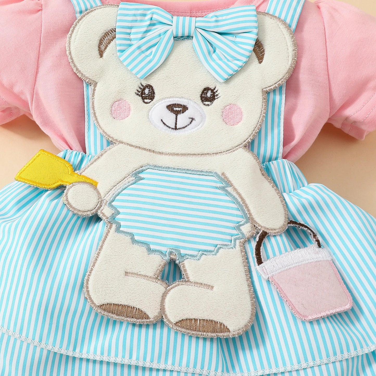 Cartoon Bear Bodysuit & Striped Skirt