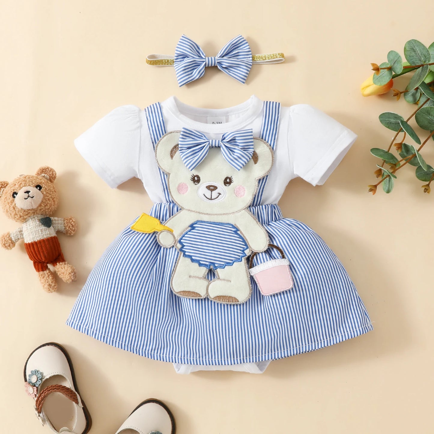 Cartoon Bear Bodysuit & Striped Skirt