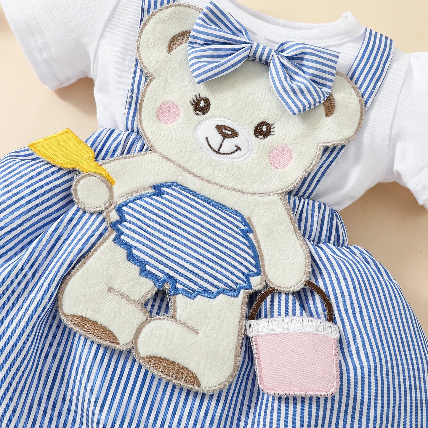 Cartoon Bear Bodysuit & Striped Skirt